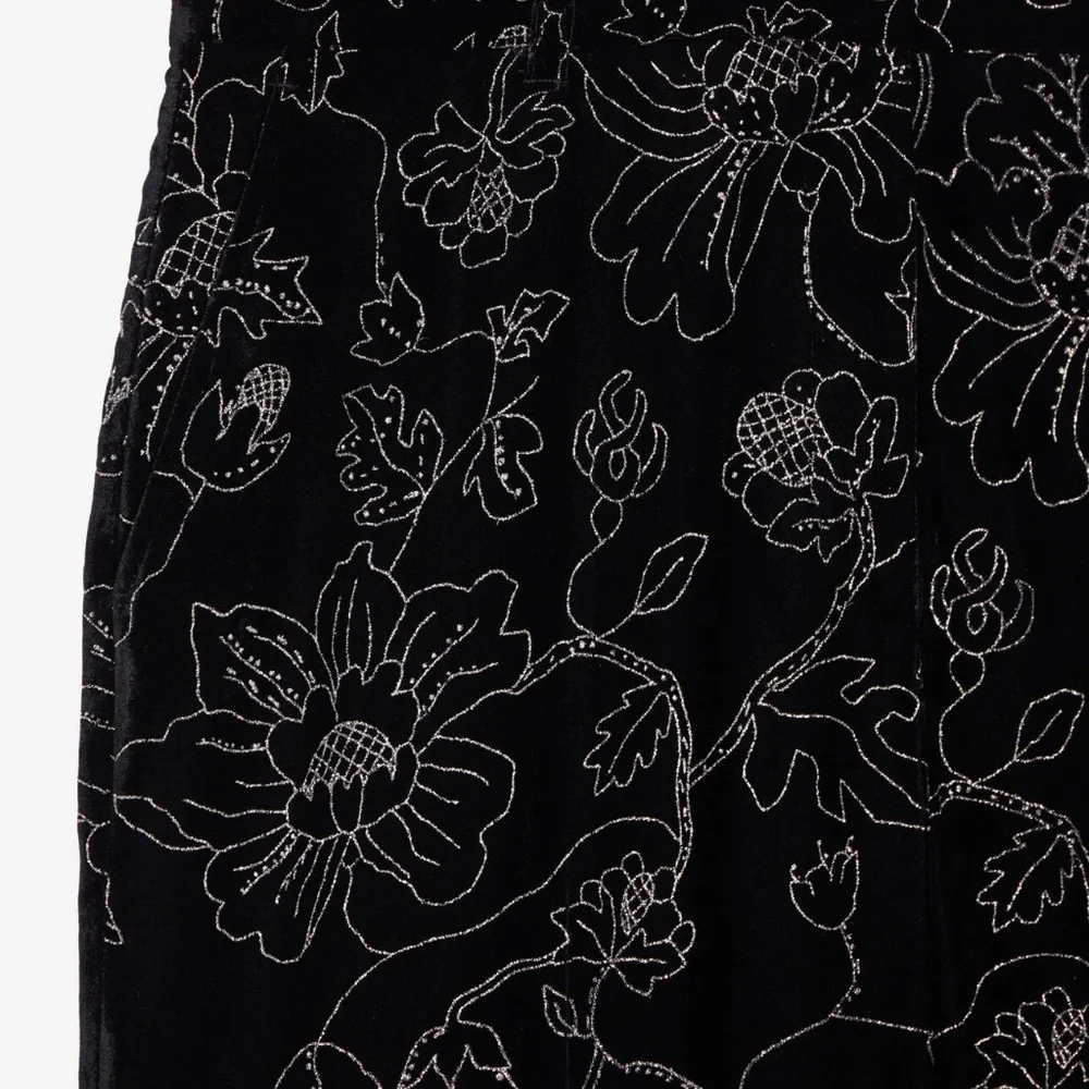 NWT | The Kooples | Black Velvet Trousers with Embroidered Metallic Floral Print - Picture 4 of 11